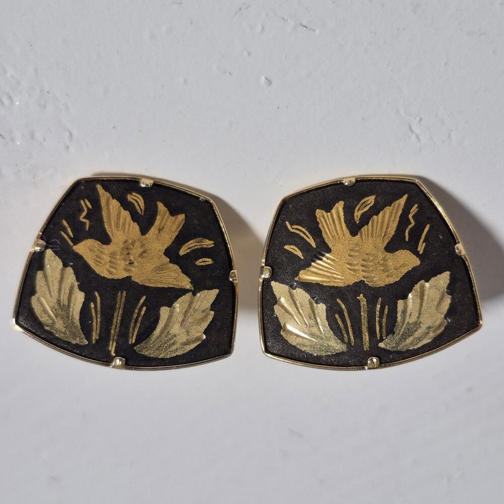 Vintage Damascene Flying Bird & Leaves Gold-tone and Black Clip-on Earrings